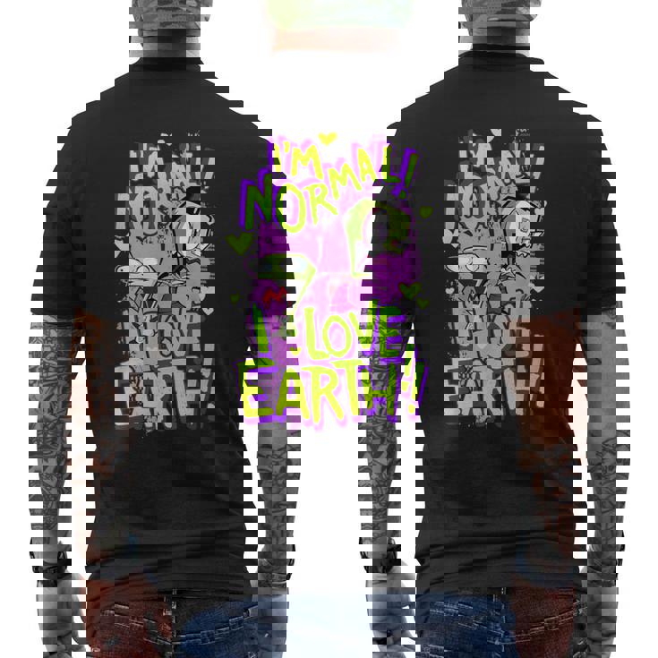 インベーダージムアイムノーマルアイラブアースデイ メンズTシャツ バックプリント