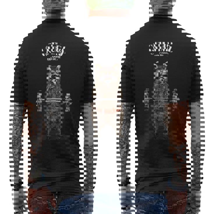 ウェイトリフティング 筋トレ バーベル やる気がないなら家に帰れ 狸 たぬき メンズTシャツ バックプリント