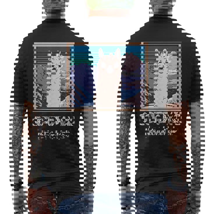 エクアドル山脈コトパクシ国立公園のかわいいラマ メンズTシャツ バックプリント