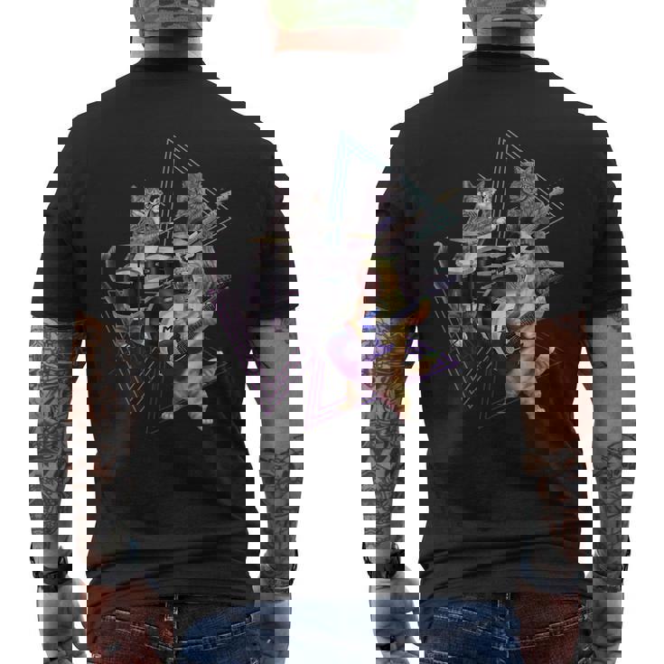 キャットバンド-ベース、ギター、ドラムセットのロックキティ メンズTシャツ バックプリント