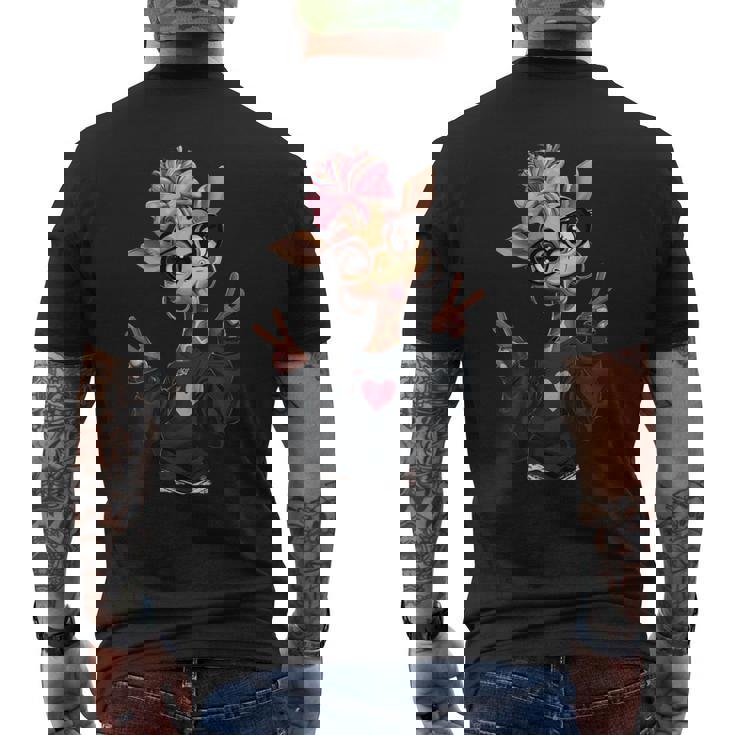 キリンガール ダブルピースサイン ピンク リボン ポップ グラフィック 遊び心のある 長袖tシャツ メンズTシャツ バックプリント