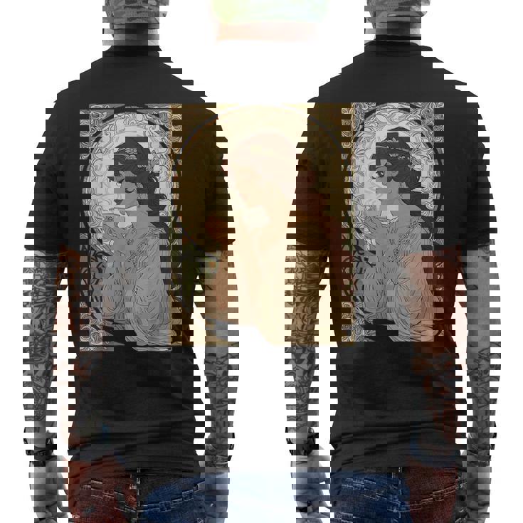 コーヒー好きのミュシャ風のアールヌーボー メンズTシャツ バックプリント