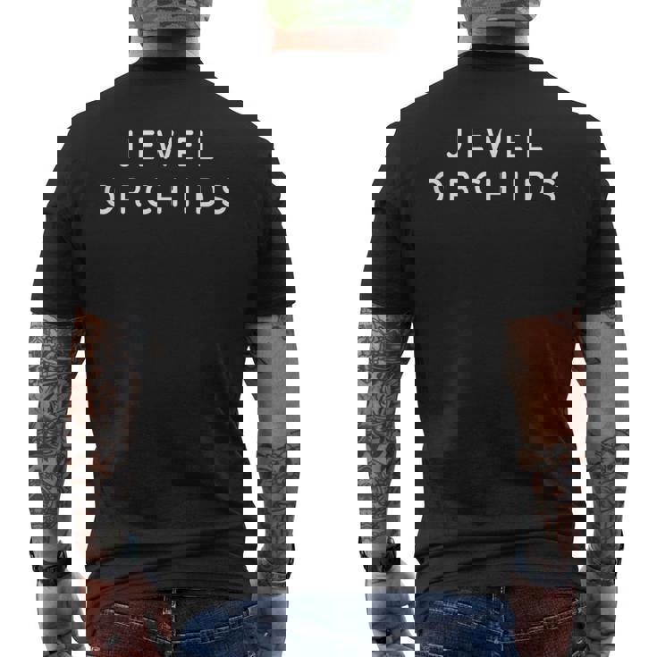 ジュエルオーキッドフラワージュエルランフラワーモダンフォント メンズTシャツ バックプリント