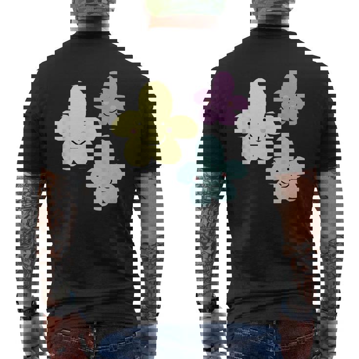スマイリングフラワー イエロー ブルー パープル 楽しい春 メンズTシャツ バックプリント