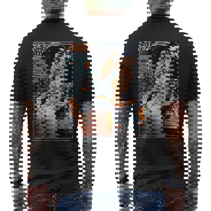 セクシーガールグラフィックtシャツ セクシーなブロンドメカニックピンナップガール メンズTシャツ バックプリント