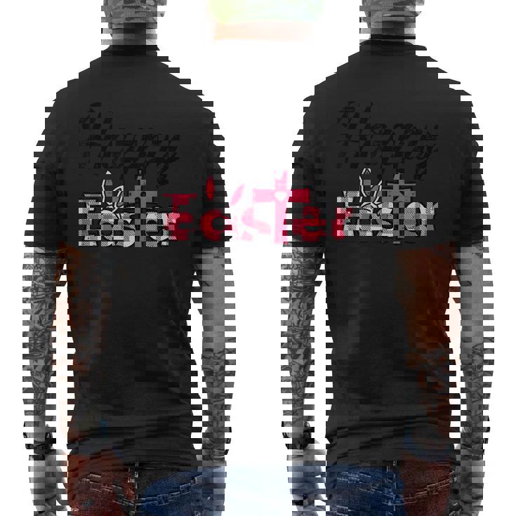 チェック柄ハッピーイースターバニー耳クロスかわいい宗教クリスチャン メンズTシャツ バックプリント