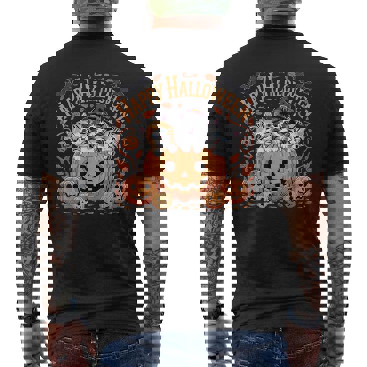 ハッピーハロウィン猫 パンプキン 魔女の帽子デザイン メンズTシャツ バックプリント