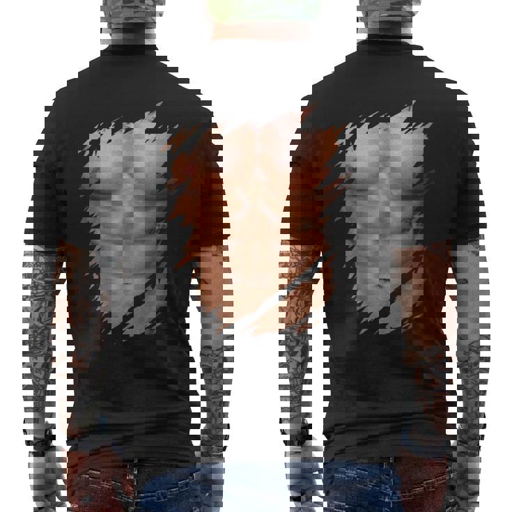 メンズ フェイク マッスル 破れた胸 腹筋 6パック メンズTシャツ バックプリント