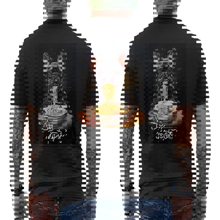 フレンチブルドッグ 食べる パスタ ボンアペティ カラフル ドッグアート メンズTシャツ バックプリント