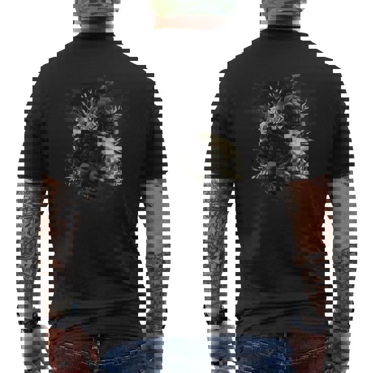 ブラックローズフラワーとスカルアート グランジスタイル 長袖tシャツ メンズTシャツ バックプリント