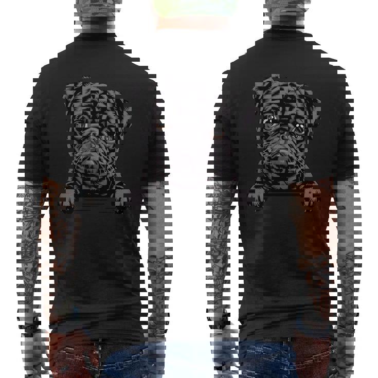 ブラック・パグ・ファニー・ピーキング・ポケット・パピー・ドッグ・ラバー 長袖tシャツ メンズTシャツ バックプリント