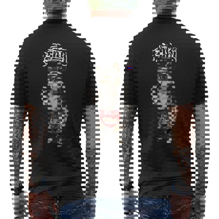 ブラック柴犬 ムエタイ キックボクシングチャンピオン メンズTシャツ バックプリント