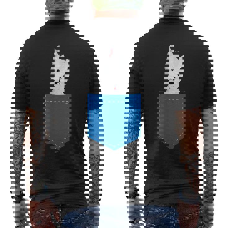 ポケットに犬のウェスティ犬テリアフロントポケット胸 メンズTシャツ バックプリント