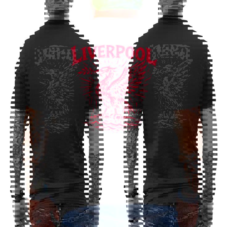 リバプール イングランド Zine インク 肝臓 鳥 レッドプリント メンズTシャツ バックプリント