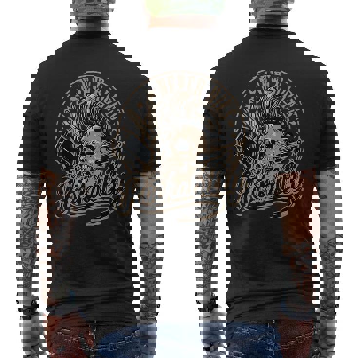 ロカビリーネバーダイスカルバーバーロッカー美容師 メンズTシャツ バックプリント