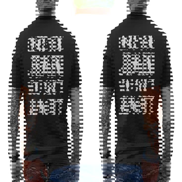 一度ジミンしたら、ジミンアウトはできない メンズTシャツ バックプリント