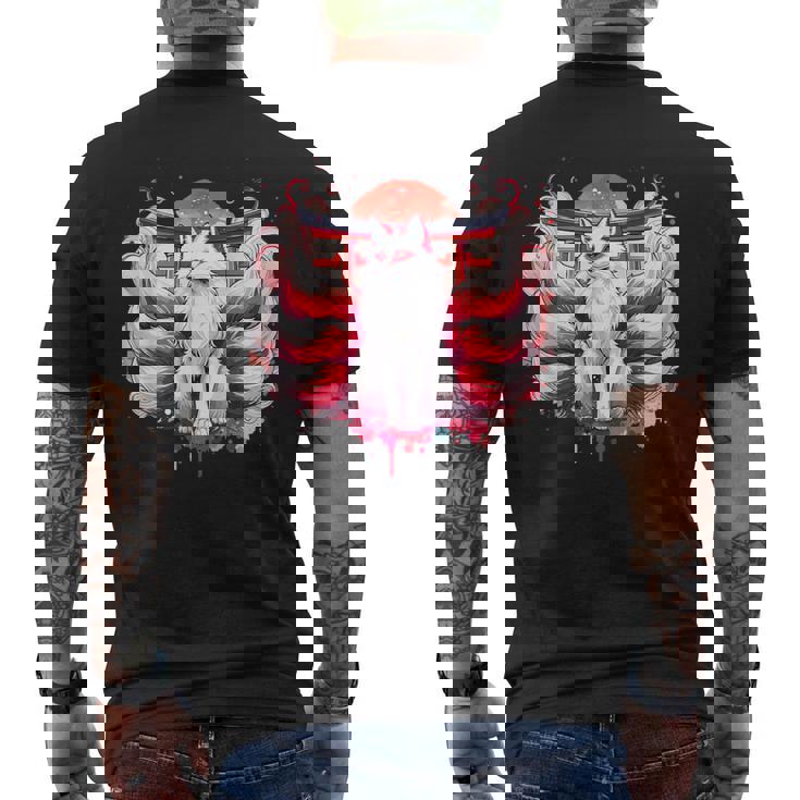 九尾狐 きつねと鳥居門 メンズTシャツ バックプリント