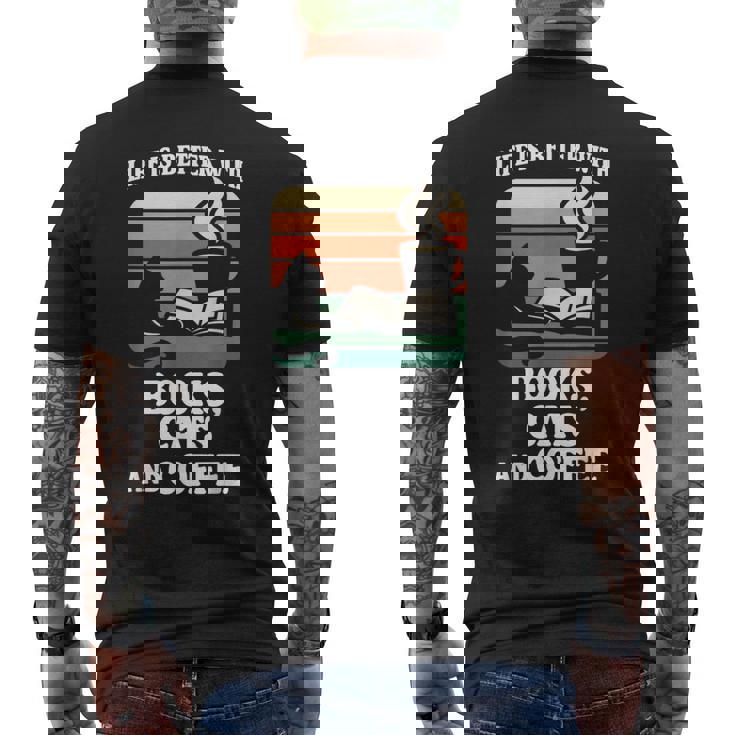 人生は本と猫と一緒に猫を読む カフェ 図書館 メンズTシャツ バックプリント