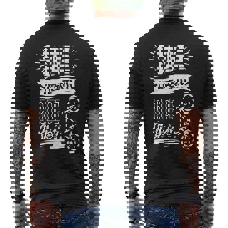 地球を救おう 自転車に乗ろう メンズTシャツ バックプリント