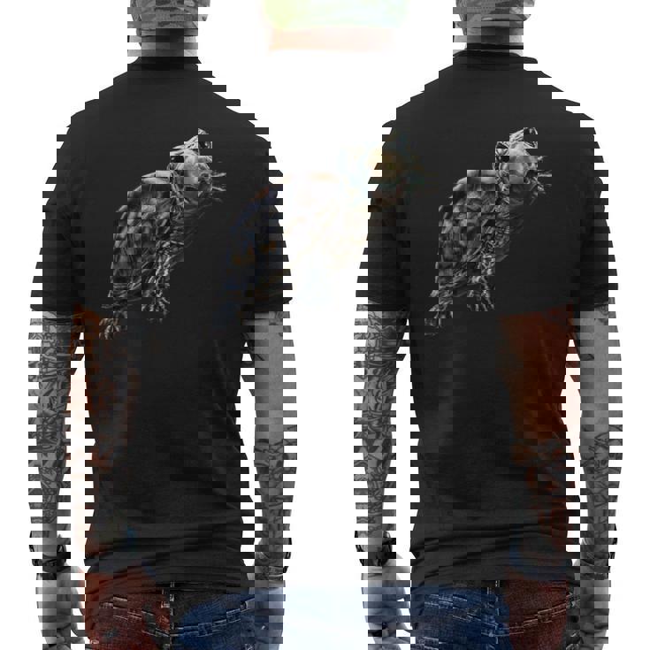 幸せな笑顔の亀 セルフィー ポートレート 面白い メンズTシャツ バックプリント