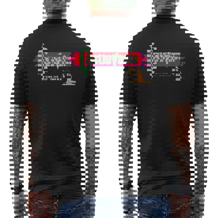 悪魔城ドラキュラ タイトル画面 レトロ ゲーム 城 壮大な冒険 メンズTシャツ バックプリント