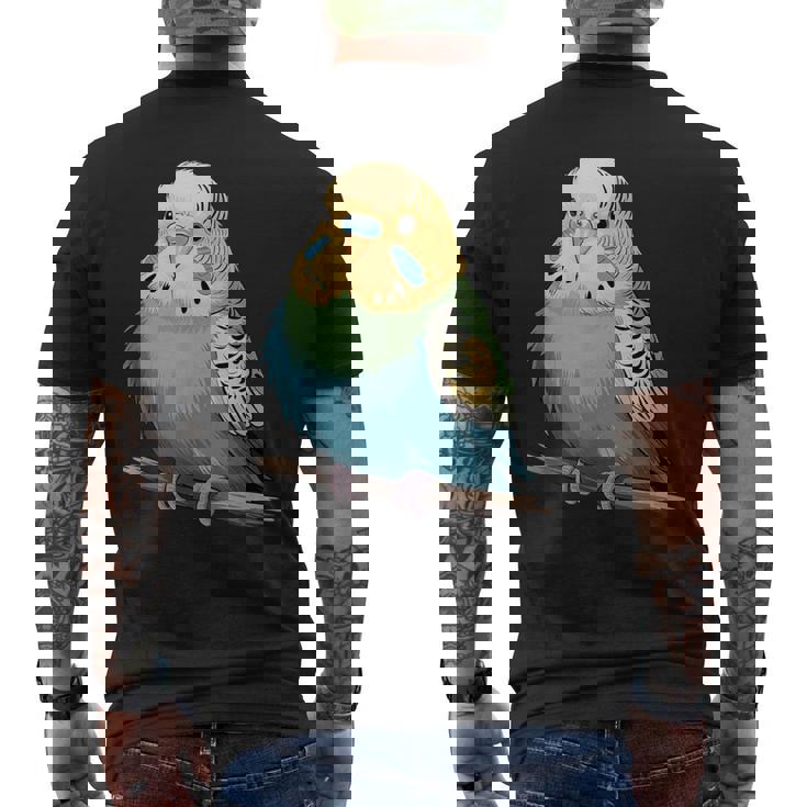 枝に腰掛けたチャーミングなセキセイインコ メンズTシャツ バックプリント