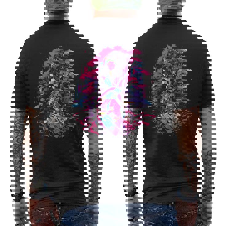 桜と芸者、サイバーパンク・イラストレーション メンズTシャツ バックプリント