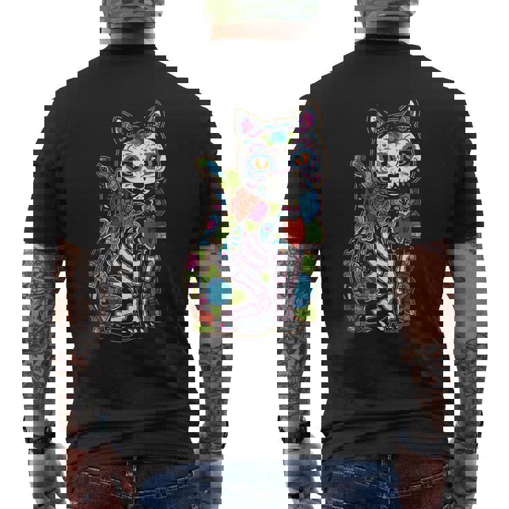 猫 シュガー スカル メキシコ カラベラ 死者の日 ハロウィン メンズTシャツ バックプリント