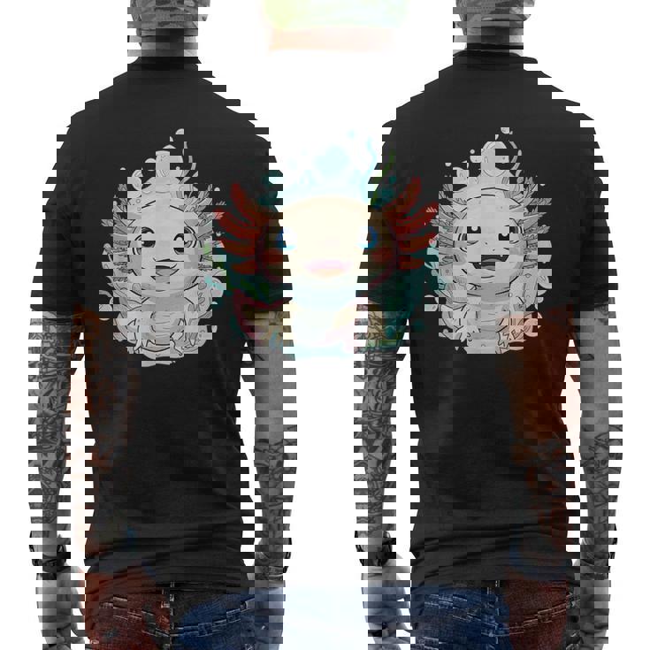 笑顔のaxolotl カワイイかわいい水中漫画 メンズTシャツ バックプリント