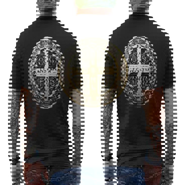 聖ベネディクトメダル 聖ベネディクトクロス カトリック クリスチャン メンズTシャツ バックプリント