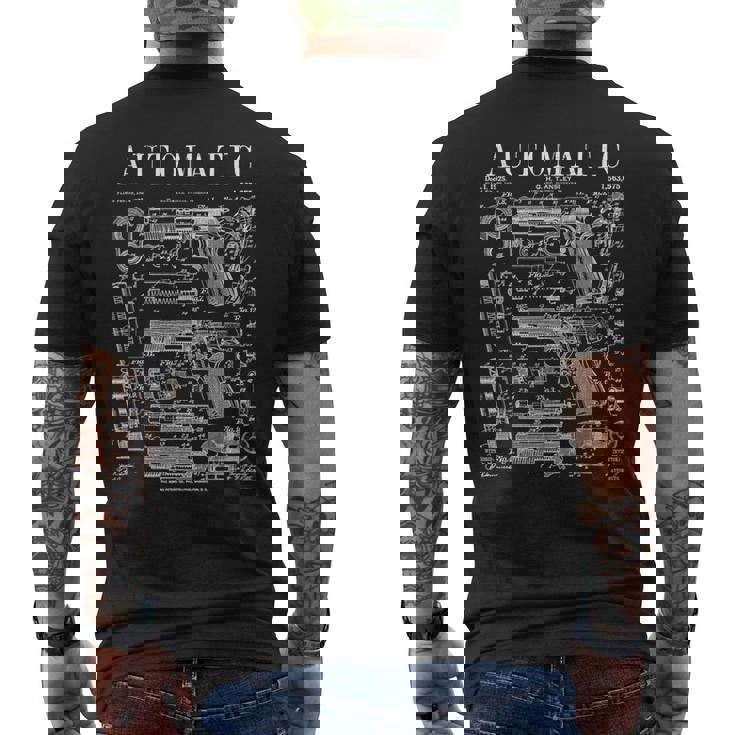 自動ピストル 拳銃 銃器 ヴィンテージガン 特許プリント メンズTシャツ バックプリント