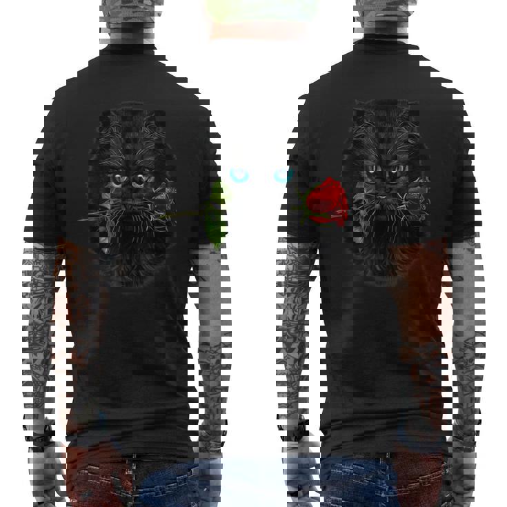 黒ペルシャ猫 ねこ 薔薇 バラ バレンタイン メンズTシャツ バックプリント