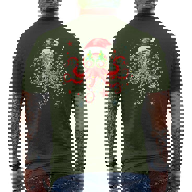 Octopus Glasses Santa Hat Christmas Light Ocean Xmas Men's T-shirt Back Print