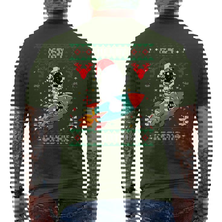 Ugly Christmas Astronaut Riding Rocket Santa Hat Tree Men's T-shirt Back Print