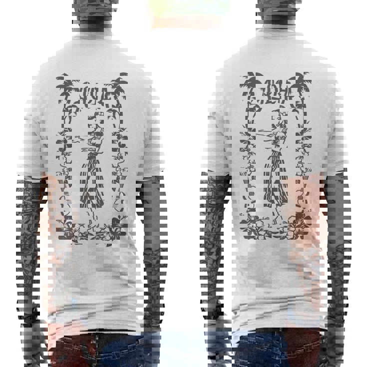 Aloha ハワイ ダンサー ヤシの木 ハイビスカス ウクレレ ルアウ ラインアート メンズTシャツ バックプリント