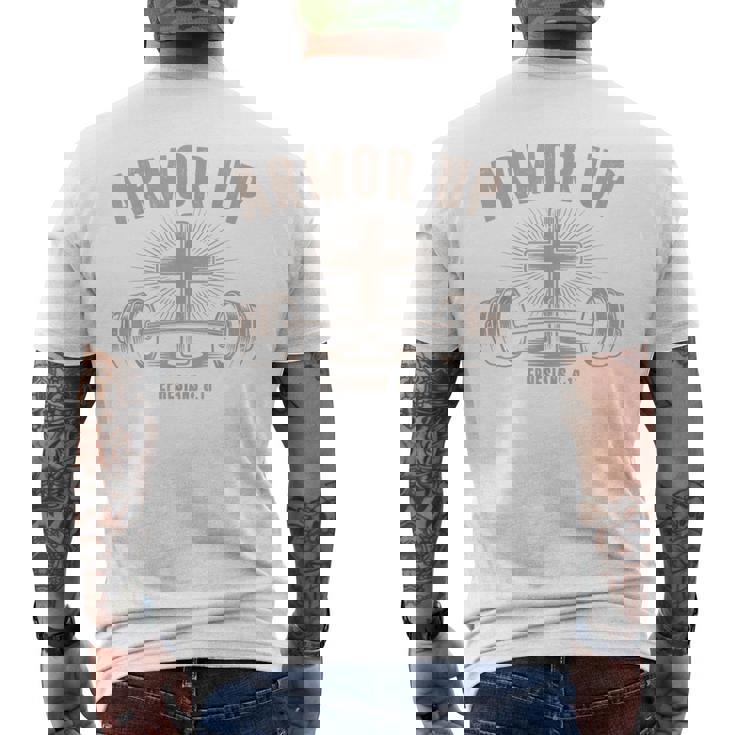 Men Armor Up Christian Workout Gym Camo Jesus Cross Dumbbell Men's Back Print T-Shirt