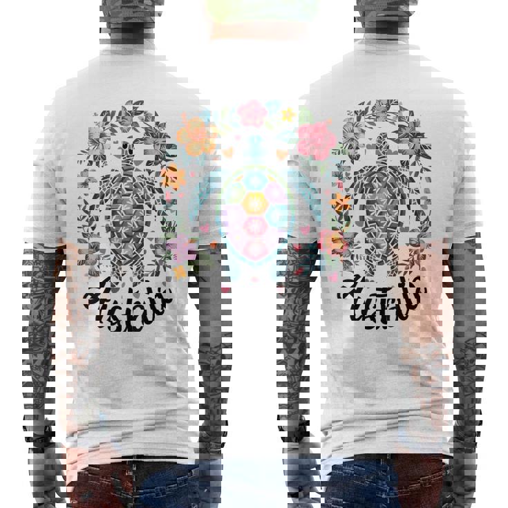 かわいいウミガメオーストラリア、楽しいトロピカルフラワーとハート メンズTシャツ バックプリント