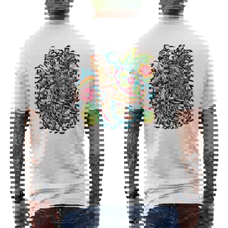 アロハ ウミガメ ハワイアン ホヌ フラワー ウェーブ オーシャン メンズTシャツ バックプリント