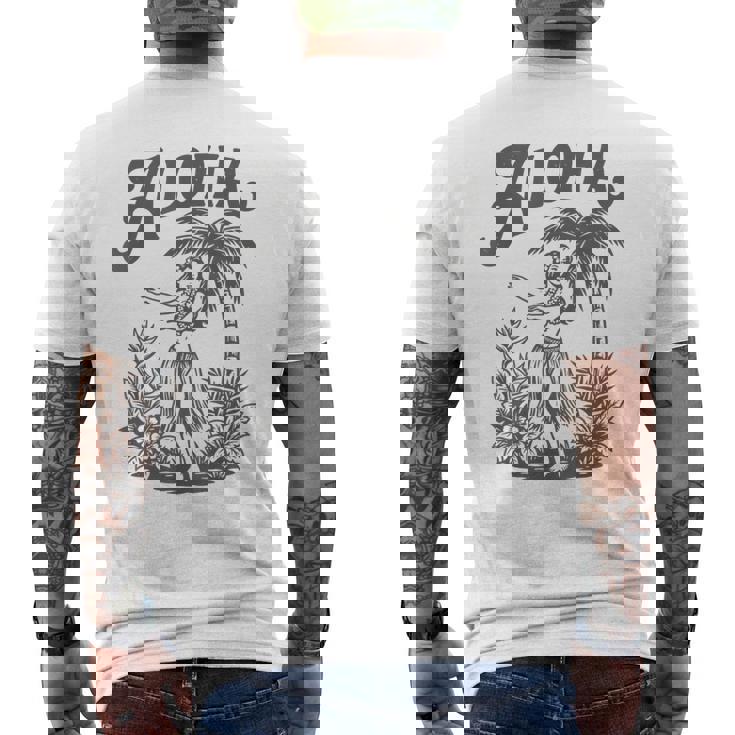 アロハ レトロ ハワイ ヤシの木 ルアウ ダンサー シルエット トロピカル メンズTシャツ バックプリント