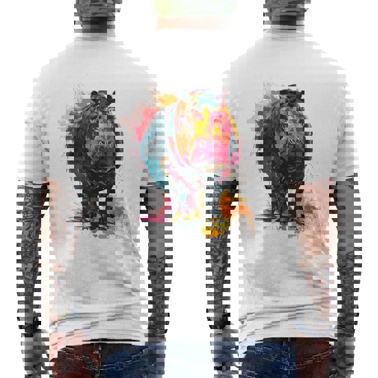 カバ 動物 カラフル グラフィック 抽象 アート 絵画 カバ メンズTシャツ バックプリント