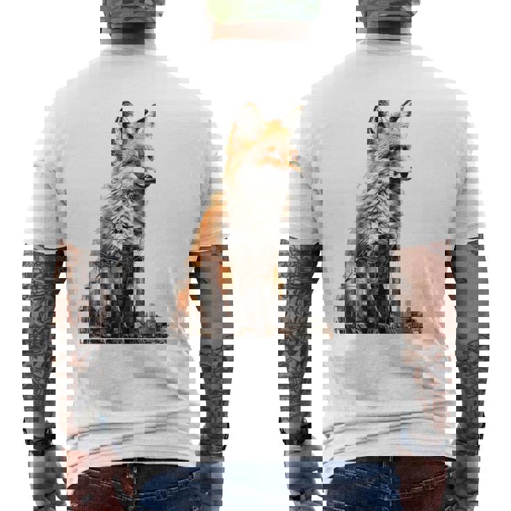 キツネ アニマル柄 モチーフ 抽象 イラスト 描画 狐 メンズTシャツ バックプリント