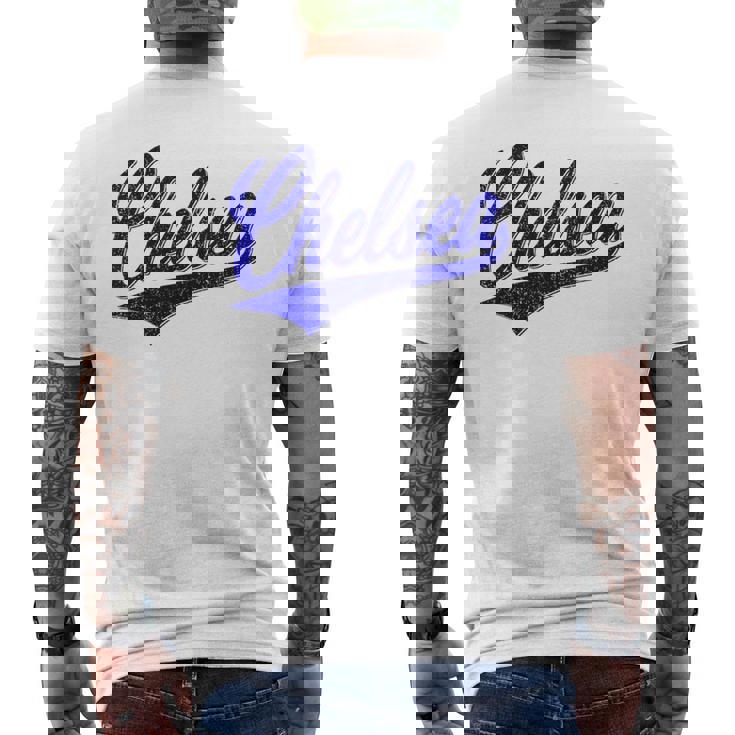 チェルシー ロンドン イングランド バーシティ スクリプト クラシック スポーツ ジャージ メンズTシャツ バックプリント