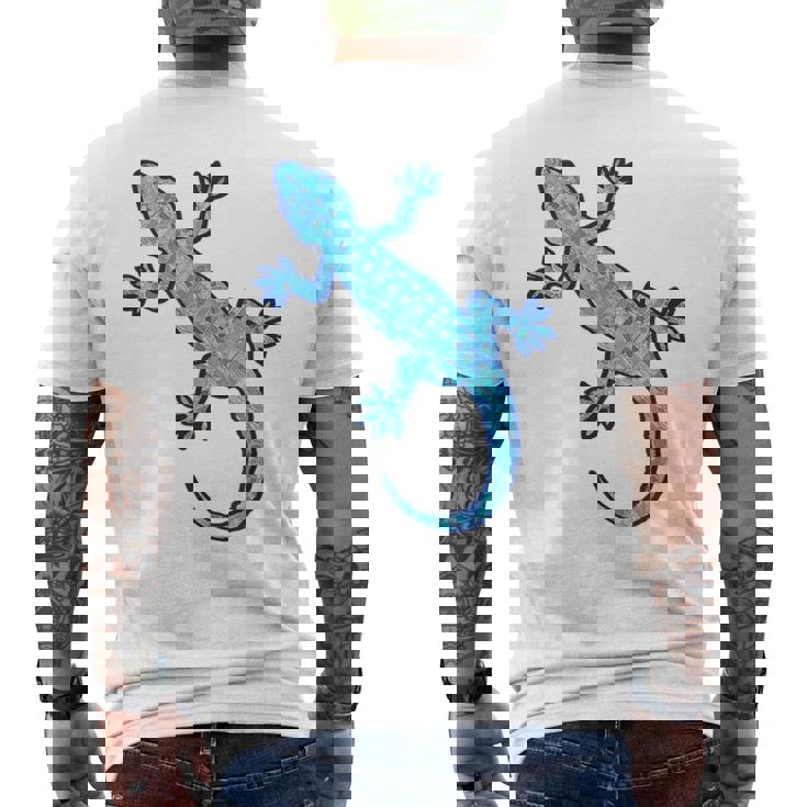 トライバル バティック パターン ヤモリトカゲ デニムブルーtシャツ メンズTシャツ バックプリント