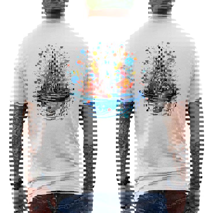 バルセロナのサグラダ ファミリアの美しいイラスト メンズTシャツ バックプリント