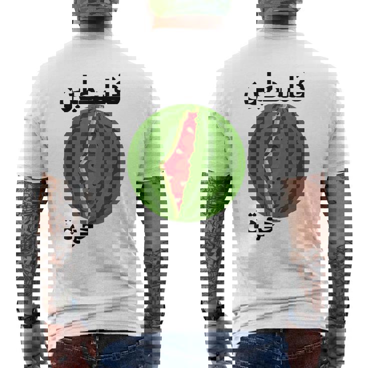 パレスチナ地図スイカアラビア書道 メンズTシャツ バックプリント