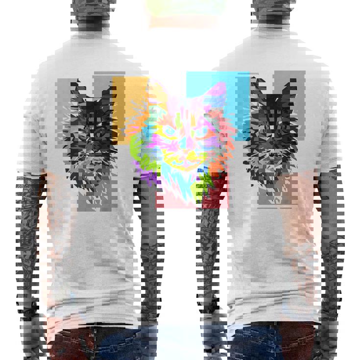 ペイントされた猫の顔 カラフル レインボー アートデザイン ギフトに最適 メンズTシャツ バックプリント