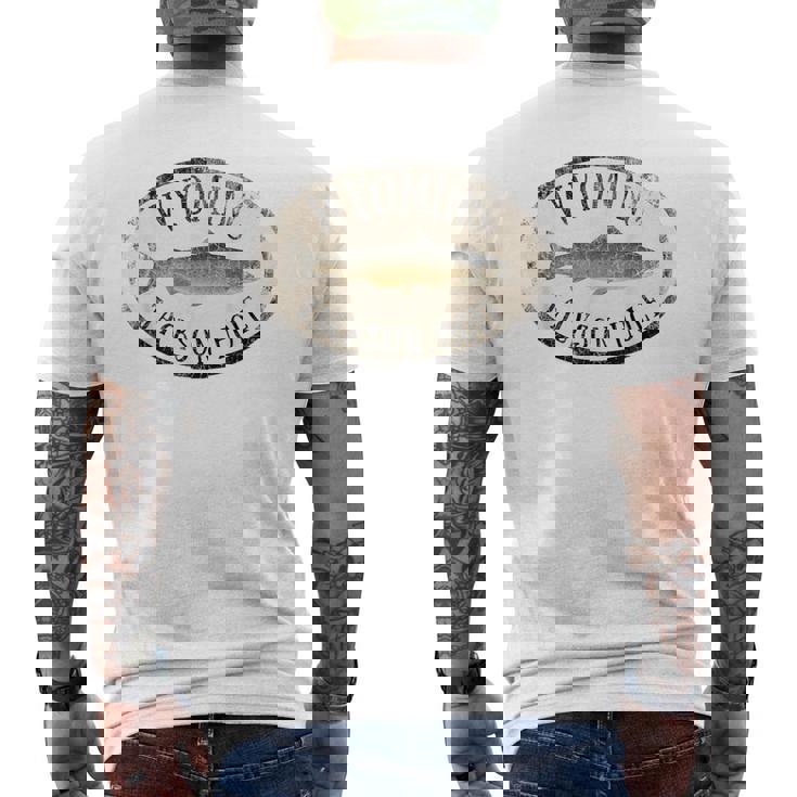 ワイオミング ジャクソン ホール トラウト 魚 フライフィッシング ビンテージ メンズTシャツ バックプリント