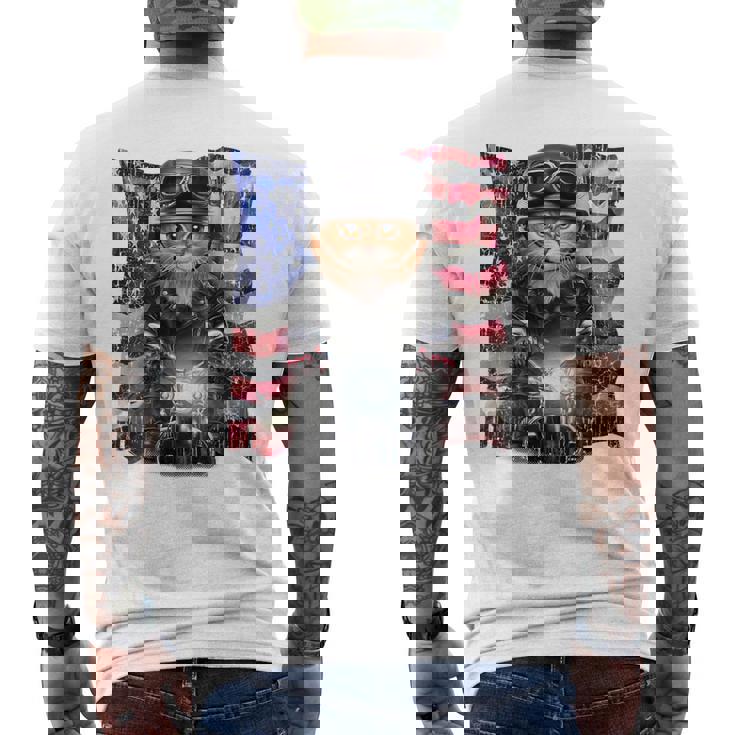 三毛猫 オレンジ猫 ねこ バイク 星条旗 アメリカ メンズTシャツ バックプリント