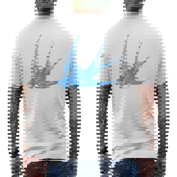 古びたツバメの青い鳥 シルエット 鳥 鳥 イラスト メンズTシャツ バックプリント