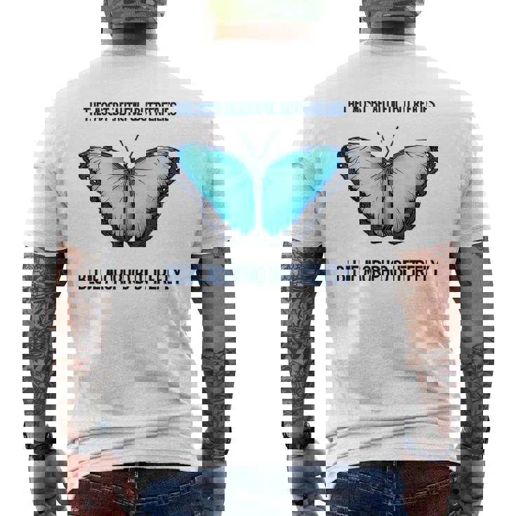 最も美しい蝶青いモルフォバタフライ メンズTシャツ バックプリント